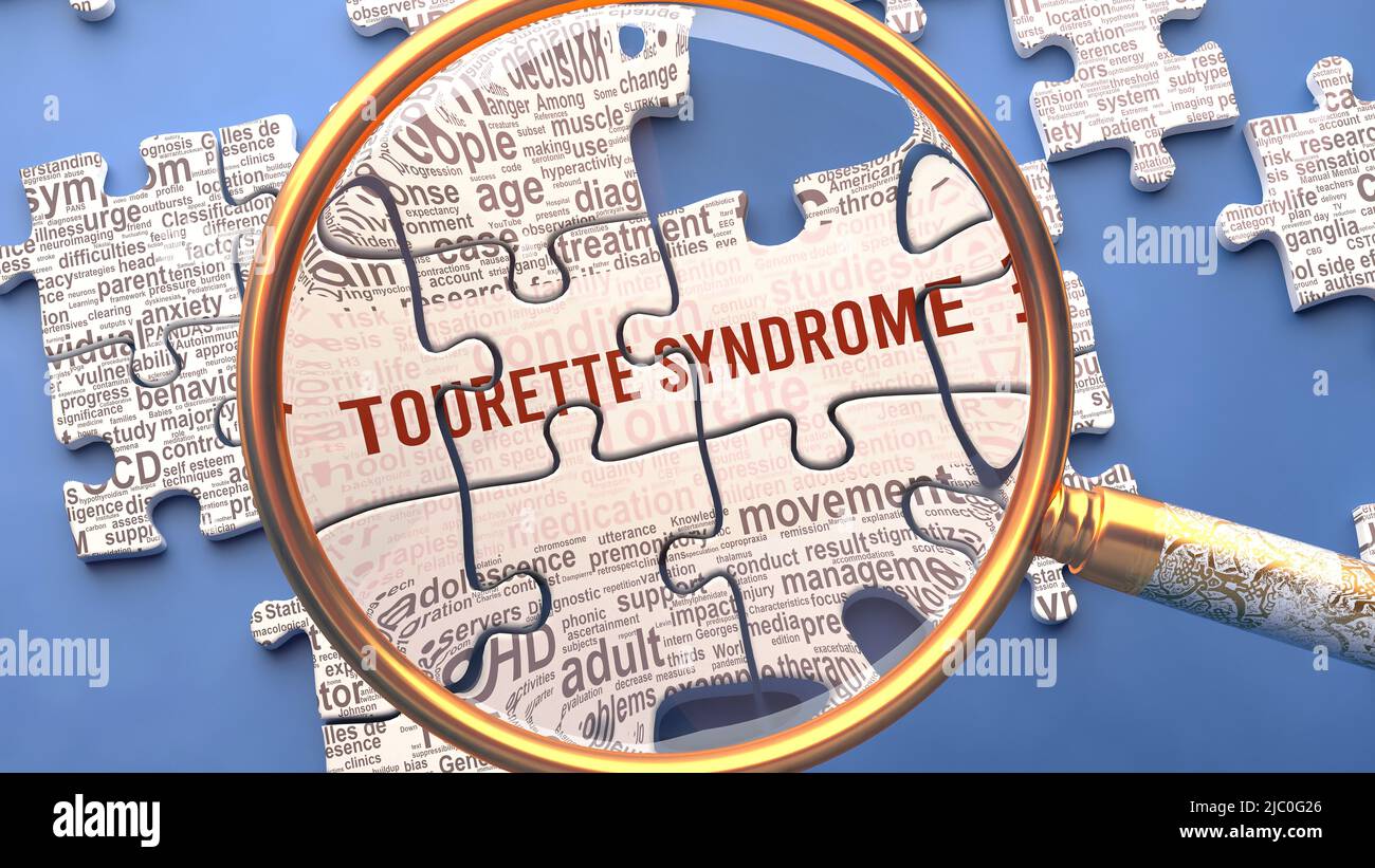 Tourette syndrome as a complex topic under close inspection. Complexity shown as puzzle pieces with dozens of ideas and concepts correlated to Tourett Stock Photo