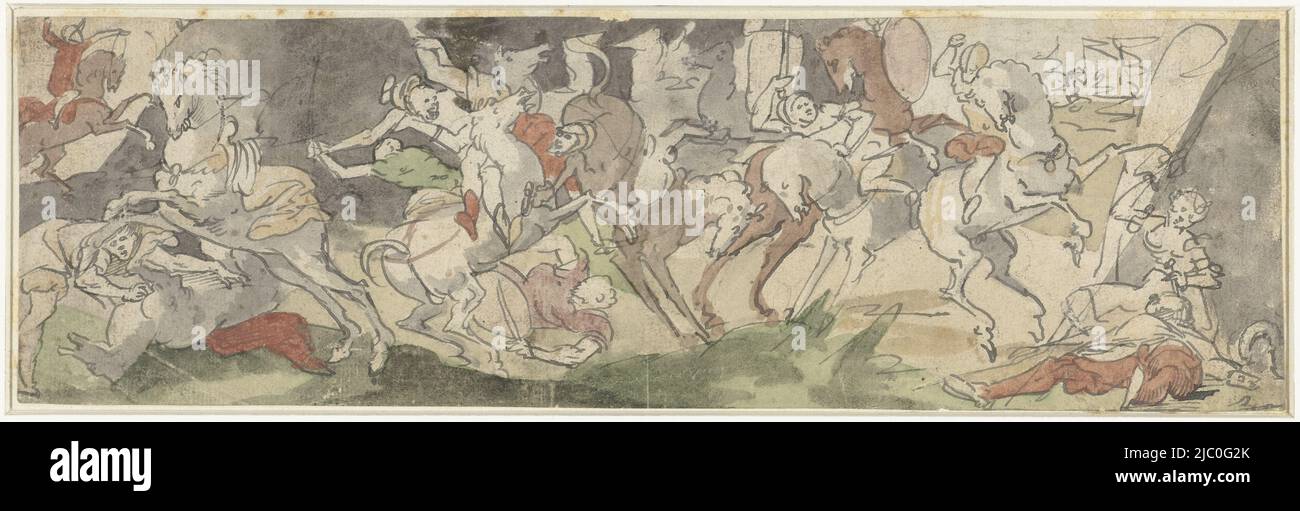 Fighting scene with riders, right Jael and Sisera, draughtsman: Hans Bock (der Jungere), draughtsman: Hans Bocksberger (der Jungere), draughtsman: Hans Vischer, 1500 - 1600, paper, brush, pen, h 92 mm × w 300 mm Stock Photo