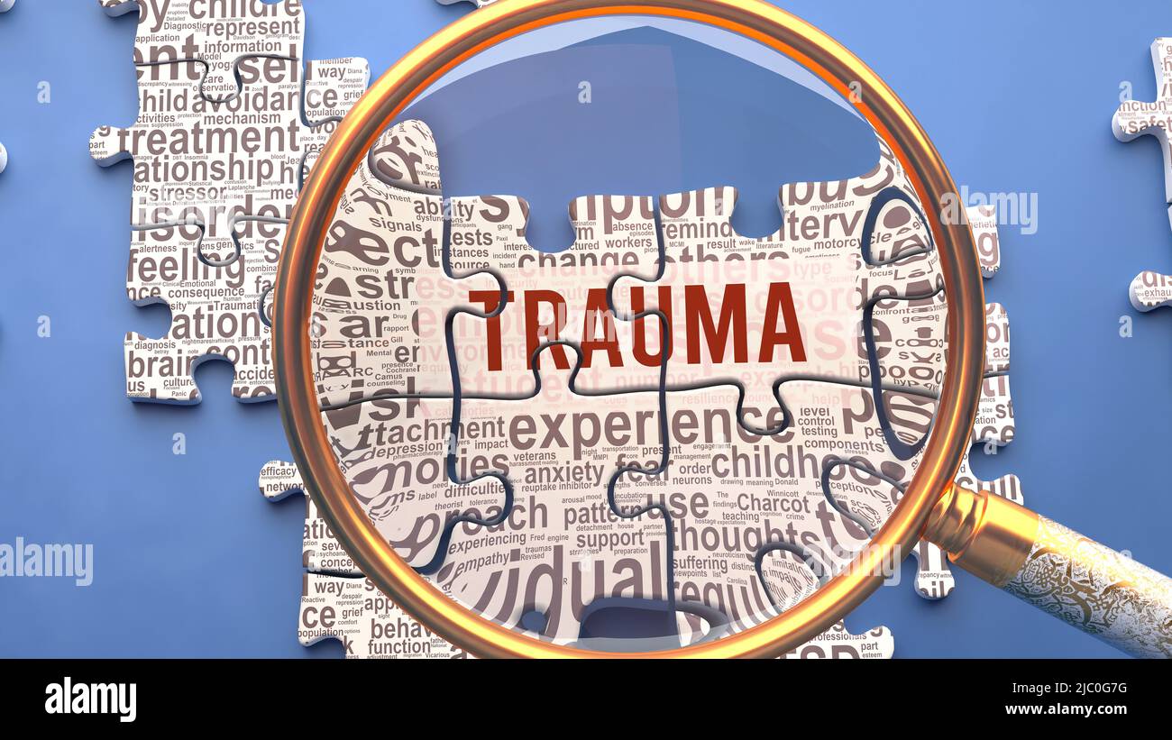 Trauma as a complex and multipart topic under close inspection. Complexity shown as matching puzzle pieces defining dozens of vital ideas and concepts Stock Photo