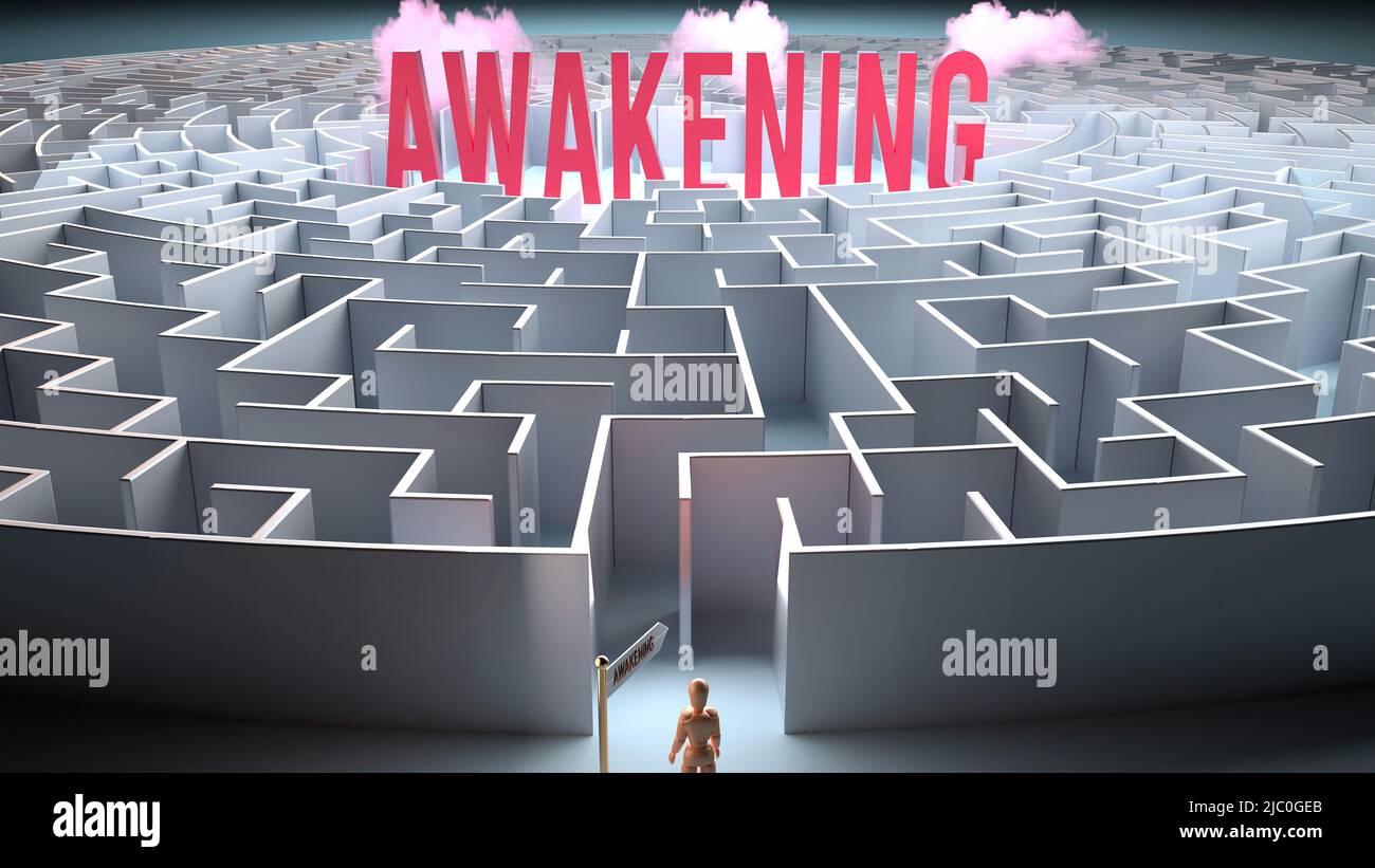 Awakening and a challenging path that leads to it - confusion and frustration in seeking it, complicated journey to Awakening,3d illustration Stock Photo