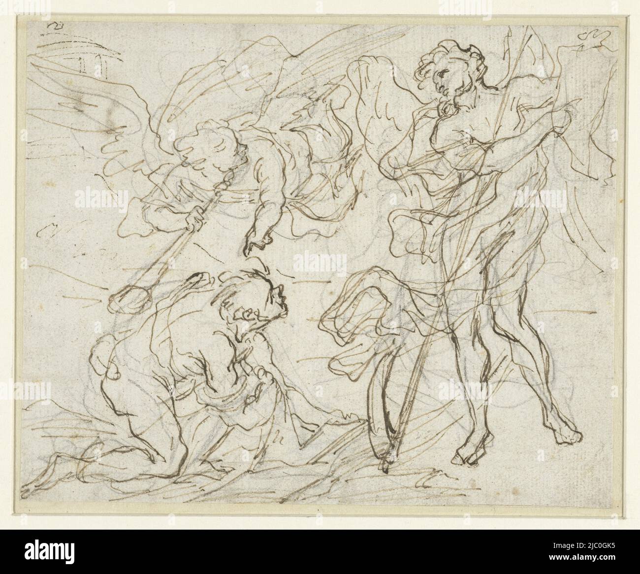 A man kneeling before Time, above hovers an angel with a trumpet, The Time, draughtsman: anonymous, 1700 - 1800, paper, pen, h 151 mm × w 186 mm Stock Photo