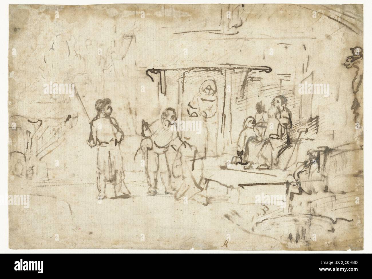 Jacob Being Shown Joseph's Blood-stained Coat, draughtsman: Carel van Savoyen, (attributed to), draughtsman: Rembrandt van Rijn, (rejected attribution), Amsterdam, c. 1650, paper, pen, brush, h 168 mm × w 241 mm Stock Photo