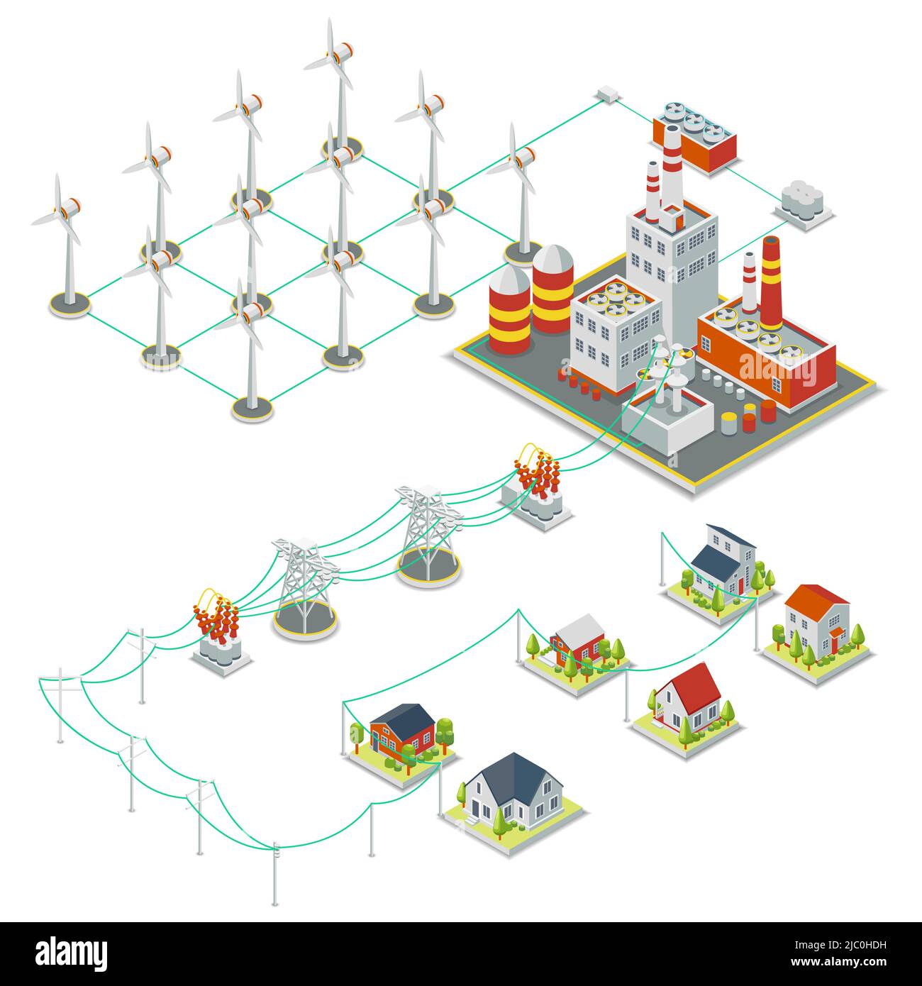 Windmil turbine power. 3D isometric clean energy concept. Power energy windmil, electricity windmill, turbine electric windmil illustration Stock Vector