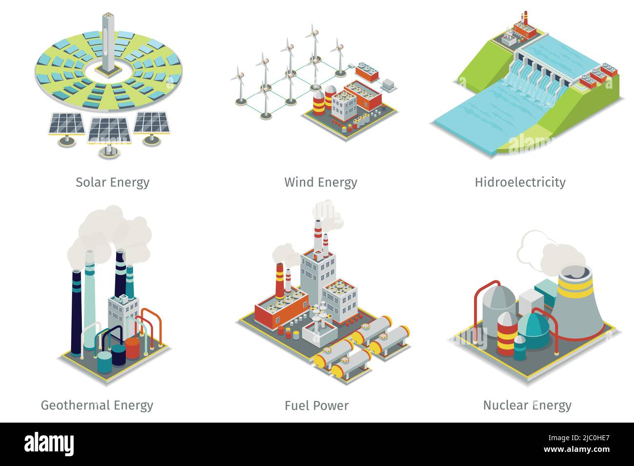 Power plant icons. Electricity generation plants and sources. Electricity energy, hydroelectricity energy, geothermal energy, solar and wind energy. V Stock Vector