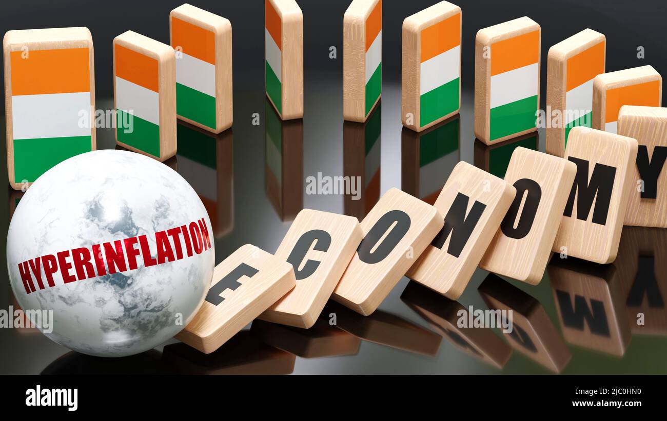 Ireland and hyperinflation economy and domino effect chain reaction in Ireland set off by hyperinflation causing a crash economy blocks and Irela Stock Photo Alamy