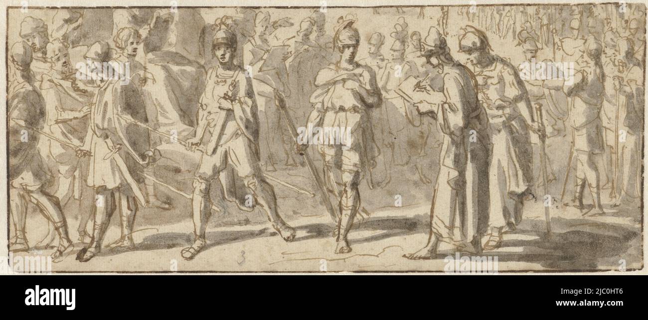 Roman soldiers, draughtsman: anonymous, draughtsman: Francesco Trevisani, (rejected attribution), 1600 - 1699, paper, pen, brush, h 90 mm × w 212 mm Stock Photo