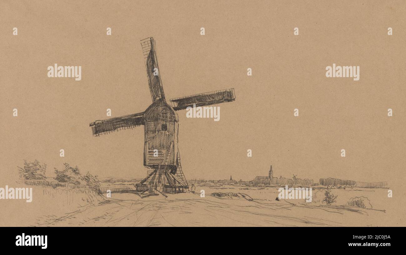 Windmill, with city ahead, draughtsman: Willem Bastiaan Tholen, 1870 - 1931, paper, h 333 mm × w 571 mm Stock Photo