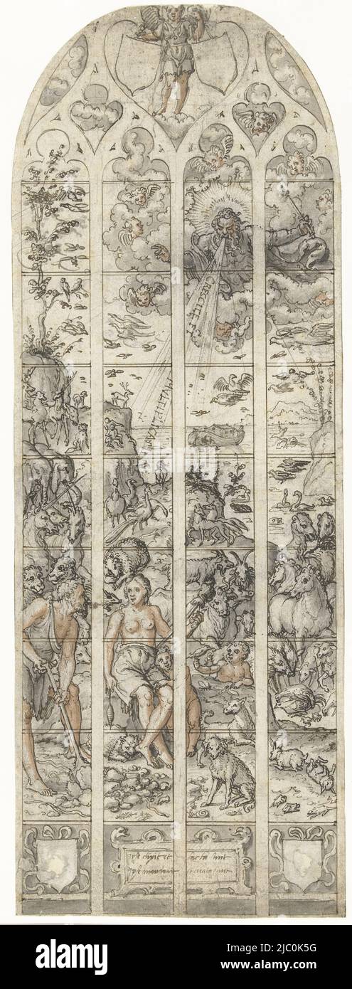 Behind the foreground figures, many pairs of animals and in the background on the water, the Ark. God the Father appears in heaven. In the upper part, an angel with two bald shields. Two other bald shields flank the cartouche in the lower part, Adam and Eve after the expulsion from paradise., draughtsman: Dirck Pietersz. Crabeth, after 1550 - 1555, paper, pen, brush, h 408 mm × w 148 mm Stock Photo