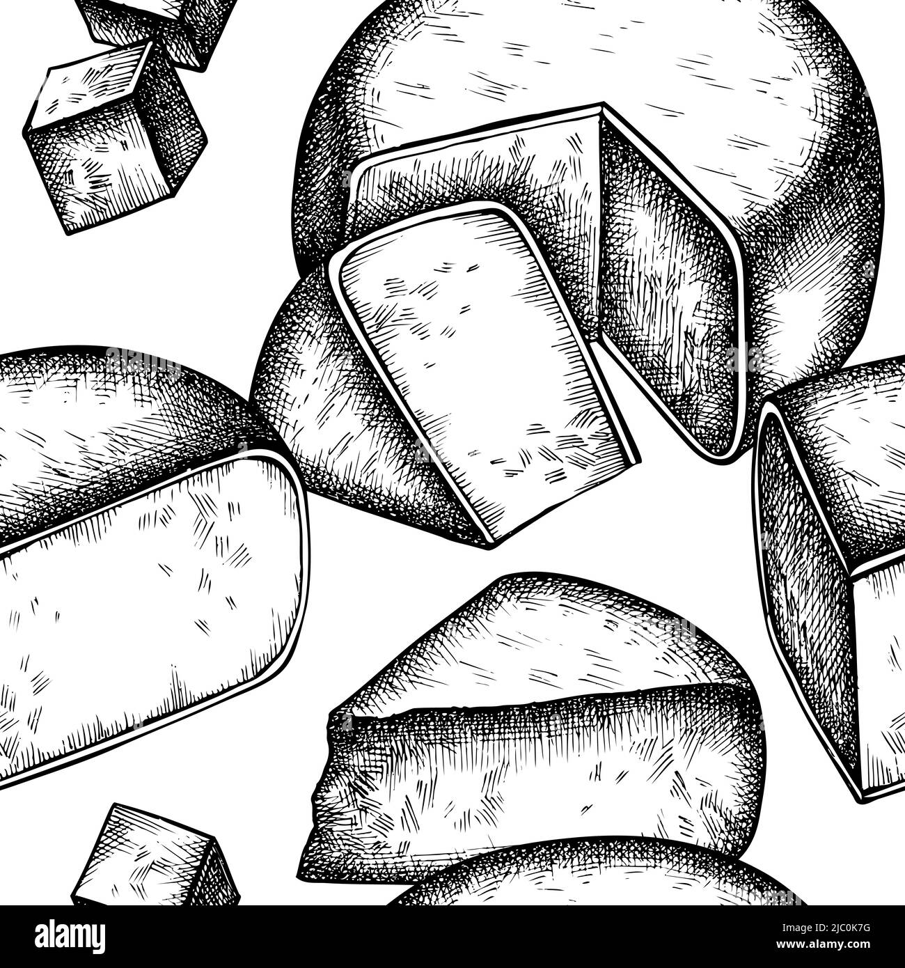 Cheese seamless pattern background design. Engraved style. Hand drawn parmigiano reggiano. Stock Vector