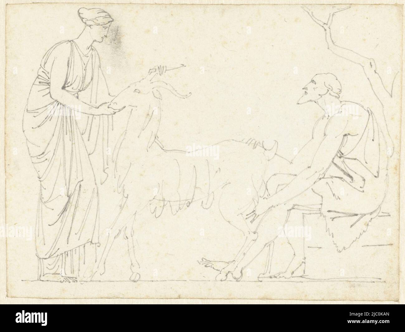 Standing woman and sitting man on either side of a goat, draughtsman: David Pièrre Giottino Humbert de Superville, 1780 - 1849, paper, h 104 mm × w 137 mm Stock Photo