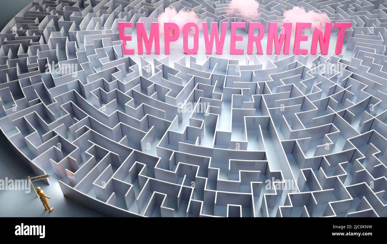 Empowerment and a difficult path, confusion and frustration in seeking it, hard journey that leads to Empowerment,3d illustration Stock Photo