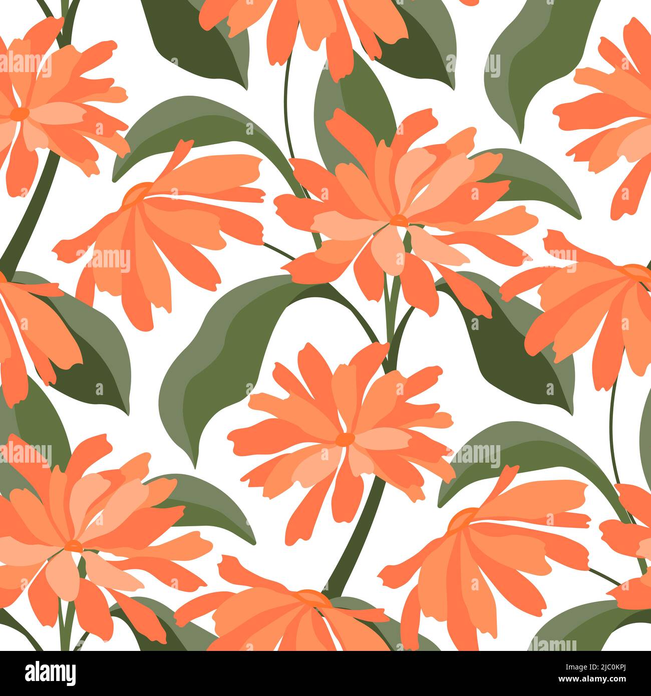 Vector floral seamless pattern. Orange flowers with green twigs and leaves on a white background. Stock Vector