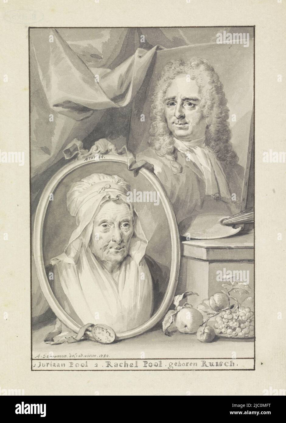 Portrait of Jurriaan Pool and Rachel Pool-Ruysch, draughtsman: Aert Schouman, 1790, paper, brush, h 188 mm × w 130 mm Stock Photo