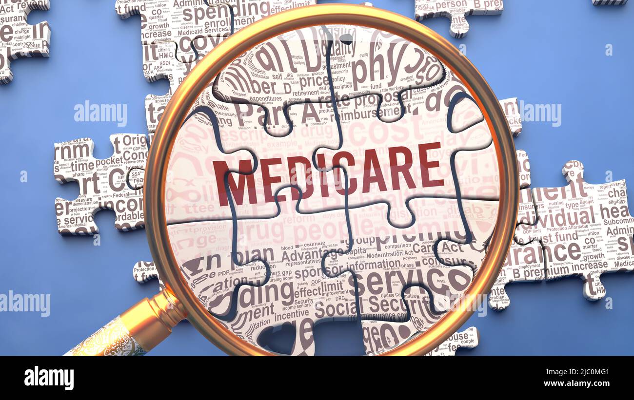 Medicare as a complex and multipart topic under close inspection. Complexity shown as matching puzzle pieces defining dozens of vital ideas and concep Stock Photo