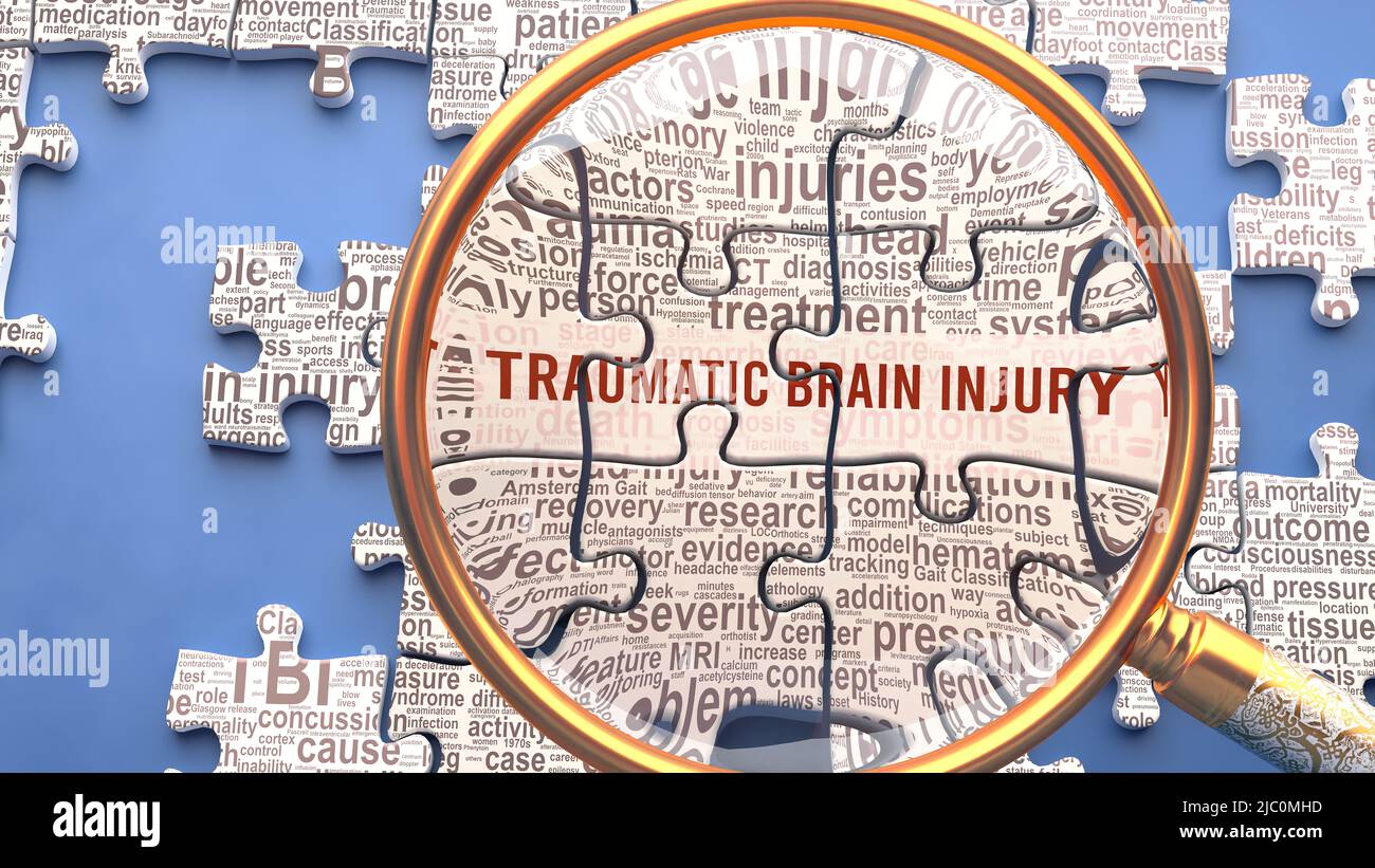 Traumatic brain injury as a complex topic under close inspection. Complexity shown as puzzle pieces with dozens of ideas and concepts correlated to Tr Stock Photo