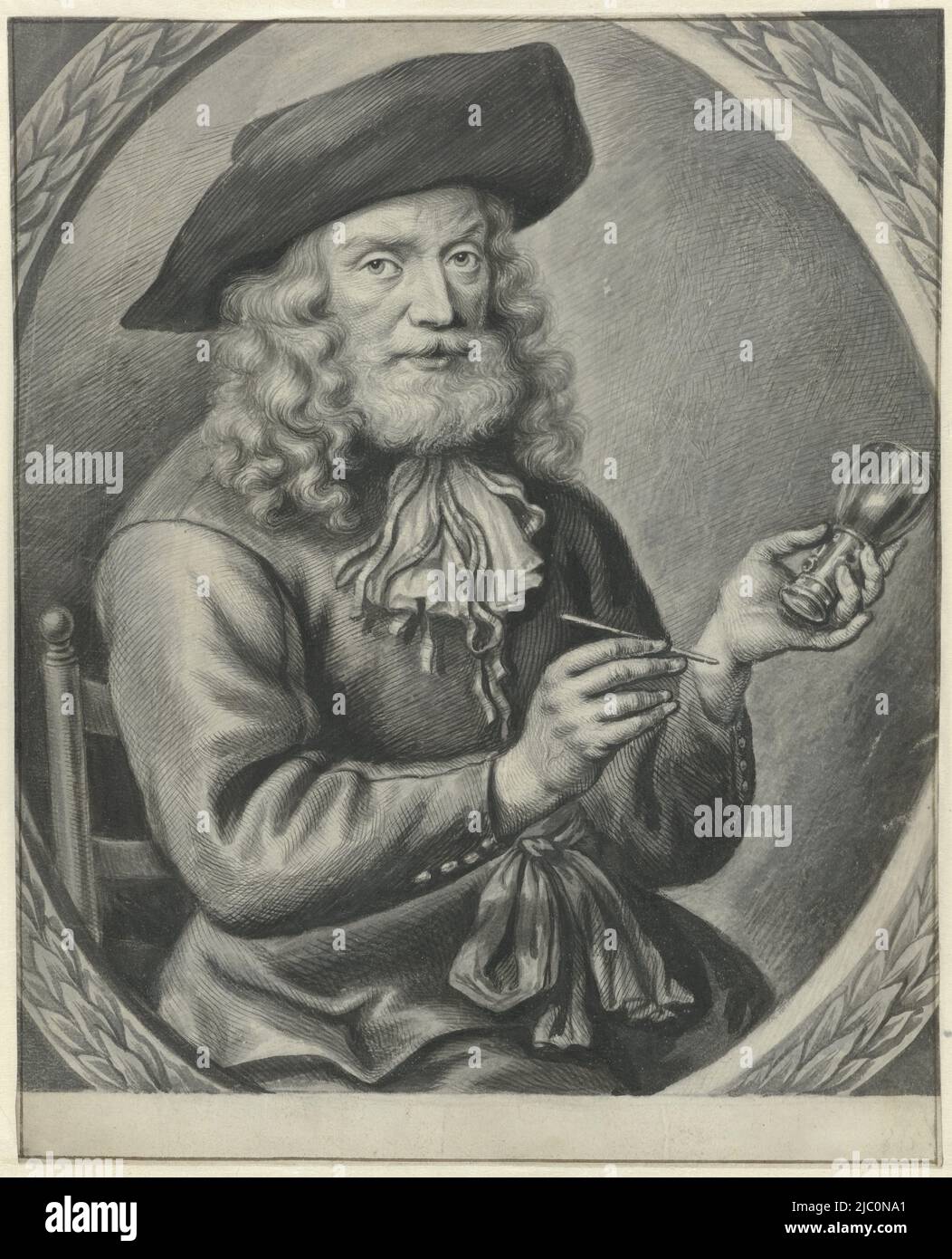 Portrait of Pieter Jansz., glass painter, draughtsman: anonymous, 1670 - 1680, parchment (animal material), brush, pen, h 297 mm × w 240 mm Stock Photo