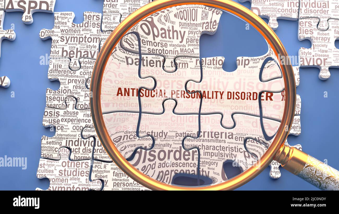 Antisocial personality disorder as a complex and complicated topic. Complexity shown as connected elements with dozens of ideas and concepts correlate Stock Photo