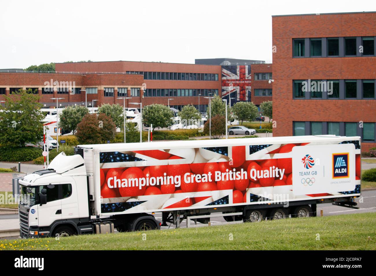 An Aldi truck returns to the Aldi HQ and warehouse in Atherstone