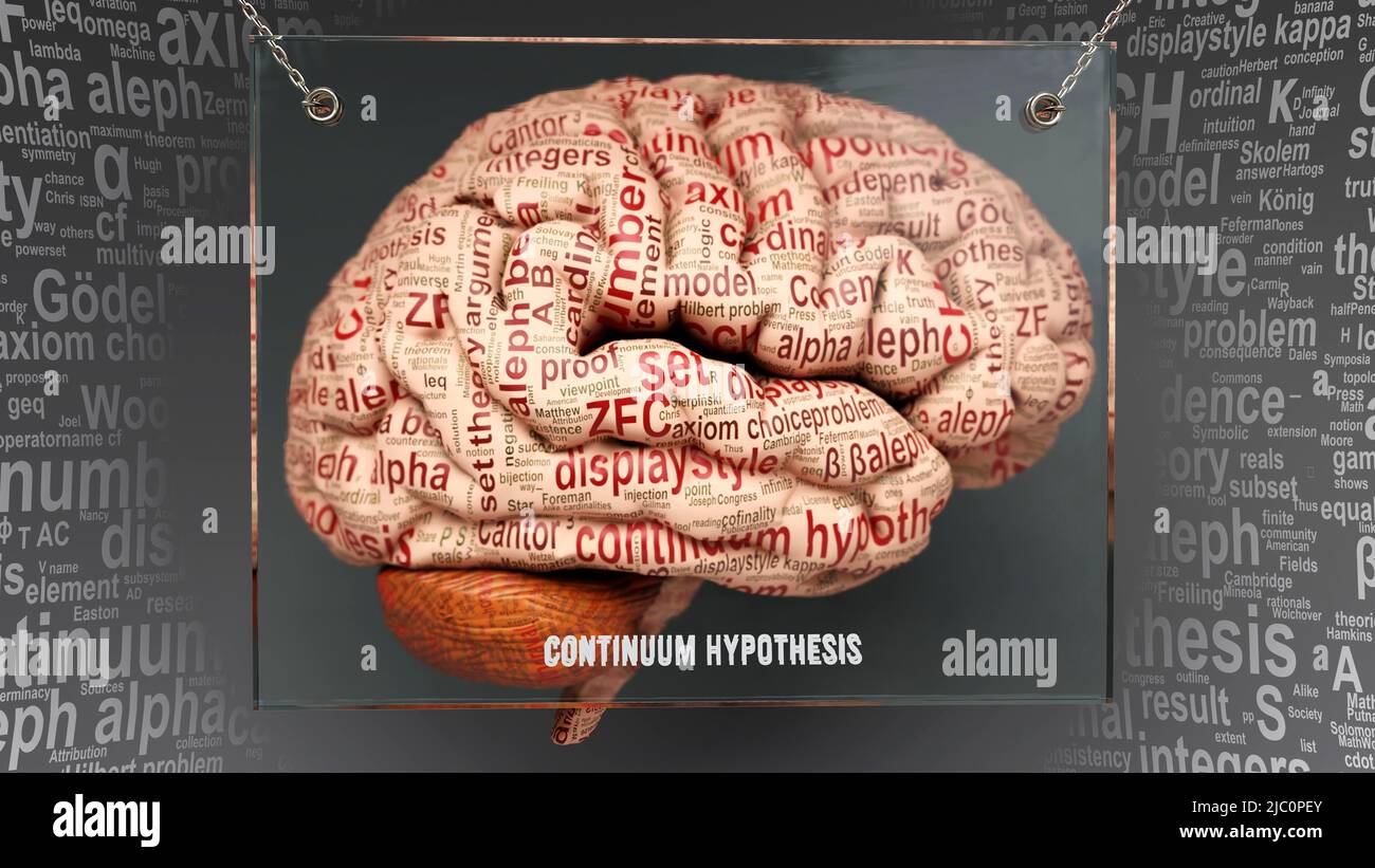 Continuum hypothesis in human brain - dozens of terms describing its properties painted over the brain cortex to symbolize its connection to the mind. Stock Photo