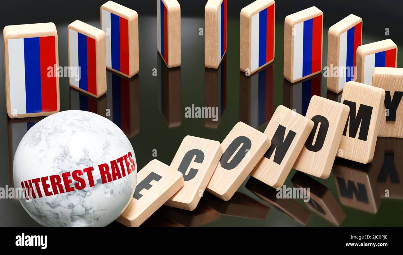 Russia and interest rates, economy and domino effect - chain reaction in Russia set off by interest rates causing a crash - economy blocks and Russia Stock Photo