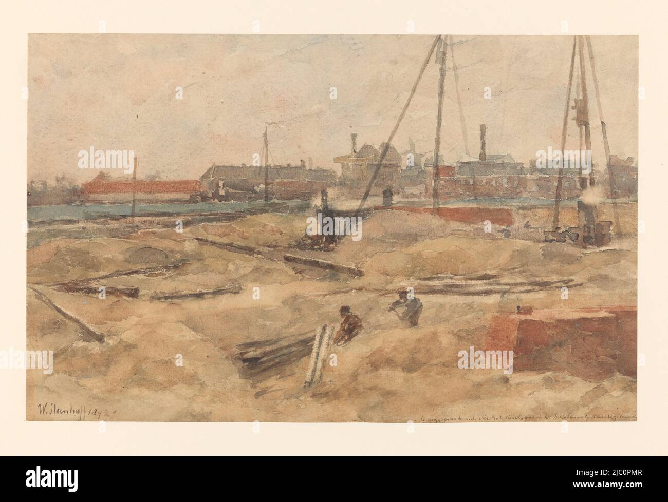 Construction site at the Wilhelmina Gasthuis, draughtsman: Wilhelmus Johannes Steenhoff, 1892, paper, brush, h 298 mm × w 469 mm Stock Photo