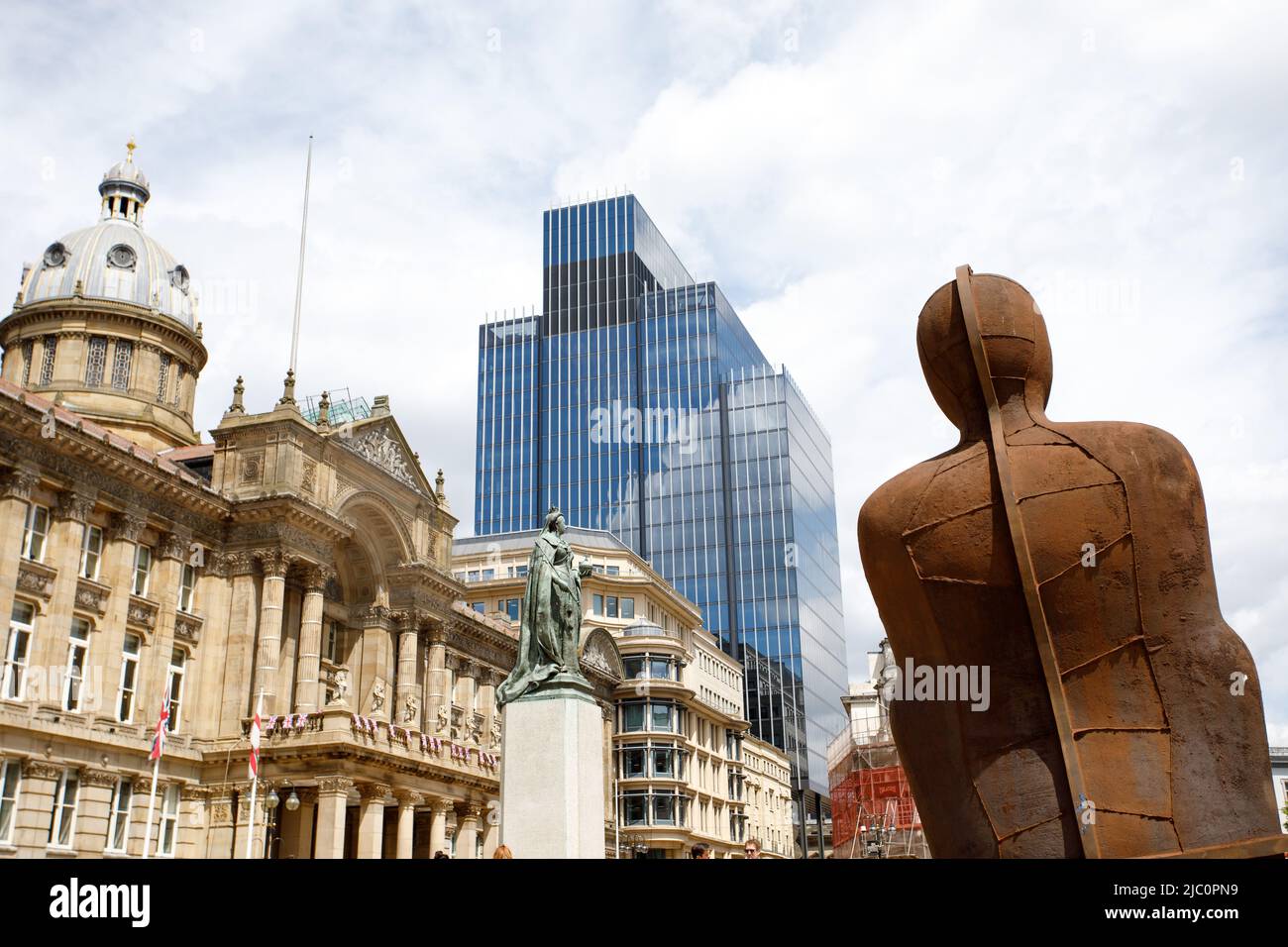 Victoria Sqaure, Birmingham. The centre of the City. The picture shows the Council House to the left, Birmingham's tallest building, 103 Colmore Row, centre and the iron man statue by Anthony Gormley. Stock Photo