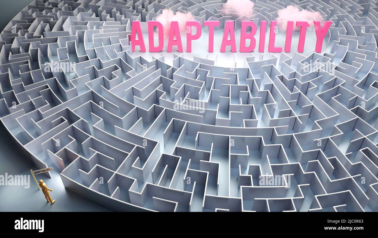 Adaptability and a difficult path, confusion and frustration in seeking it, hard journey that leads to Adaptability,3d illustration Stock Photo