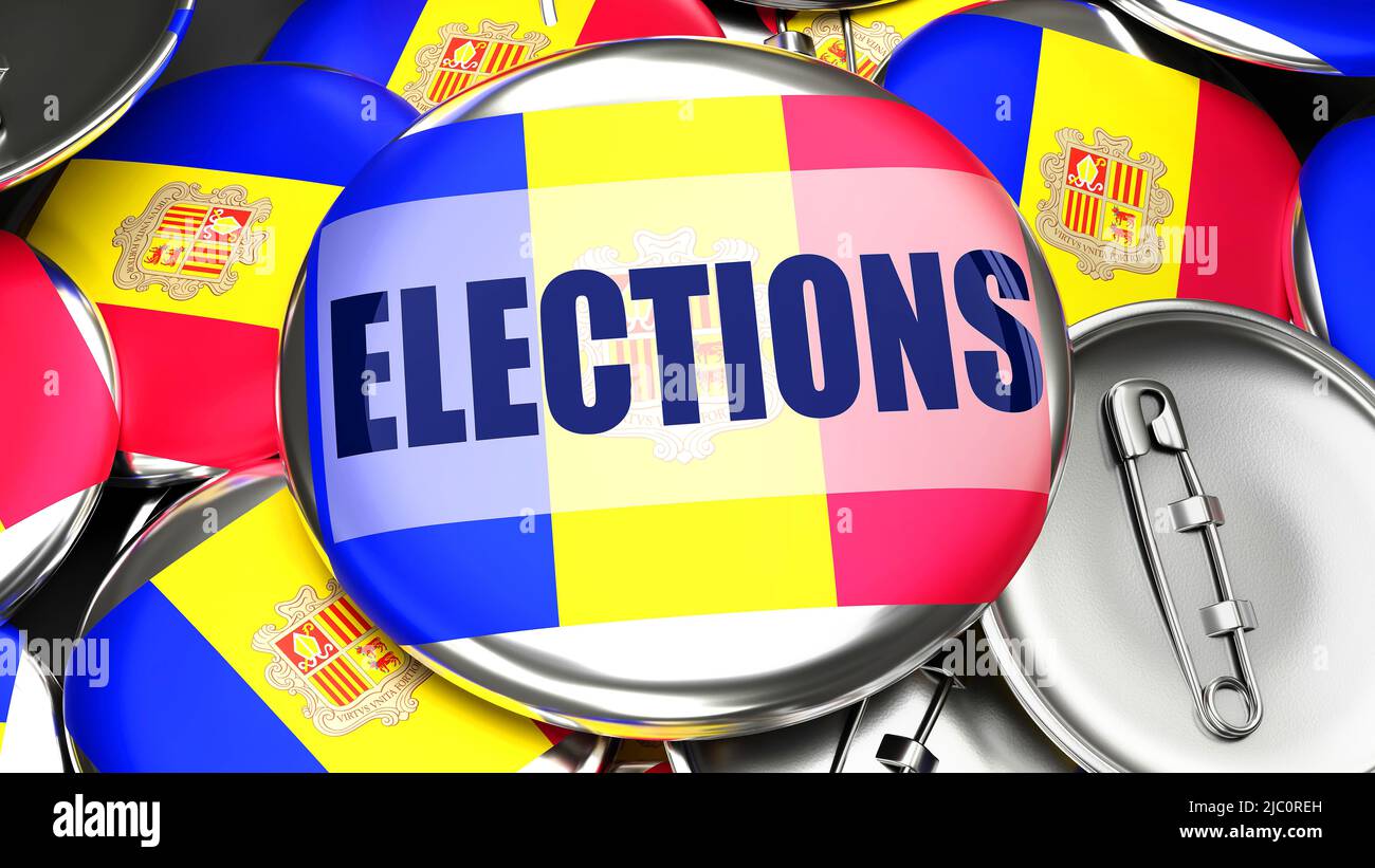 Andorra and Elections - dozens of pinback buttons with a flag of Andorra and a word Elections. 3d render symbolizing upcoming Elections in this countr Stock Photo