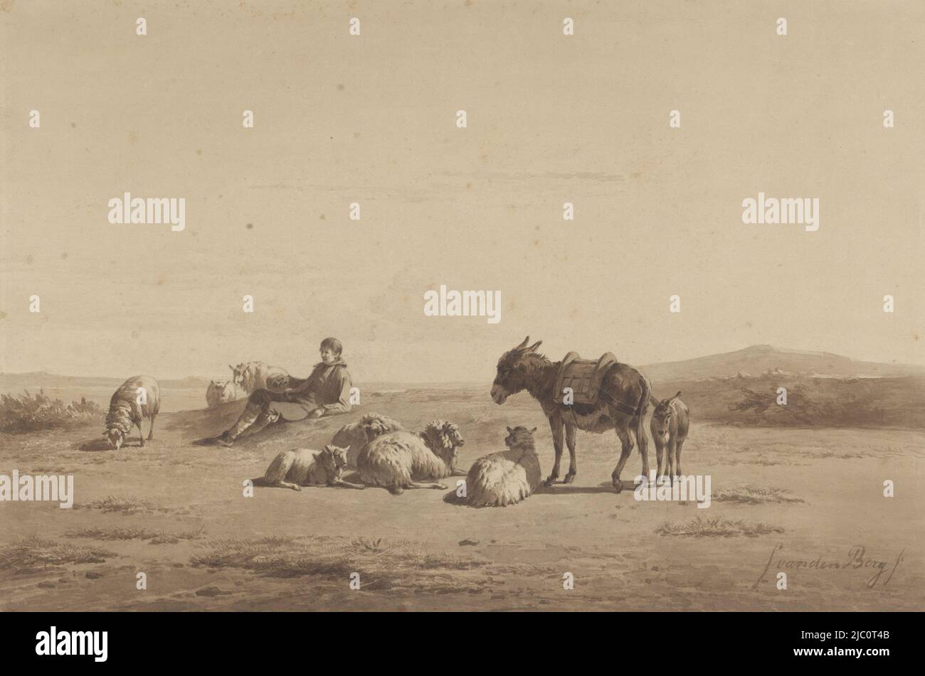 Resting shepherd with easel, draughtsman: Simon van den Berg, 1822 - 1891, paper, brush, h 269 mm × w 401 mm Stock Photo