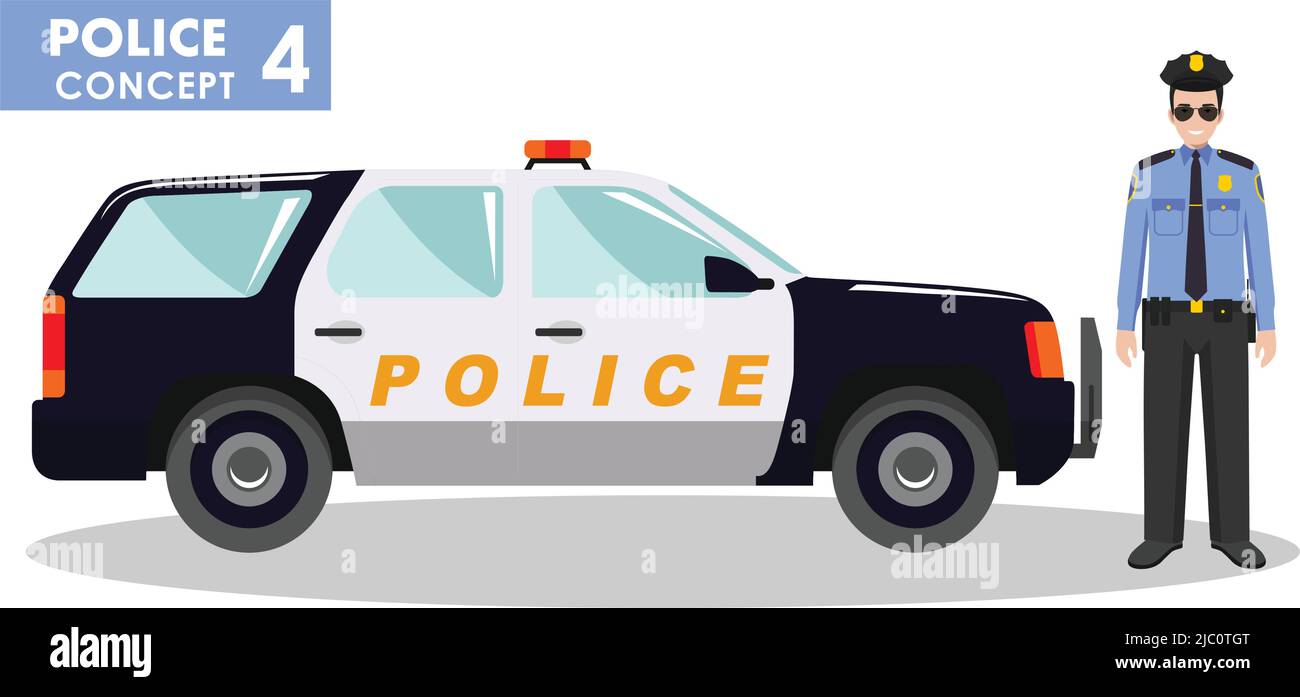 Detailed illustration of police car and police officer in flat style on white background. Stock Vector