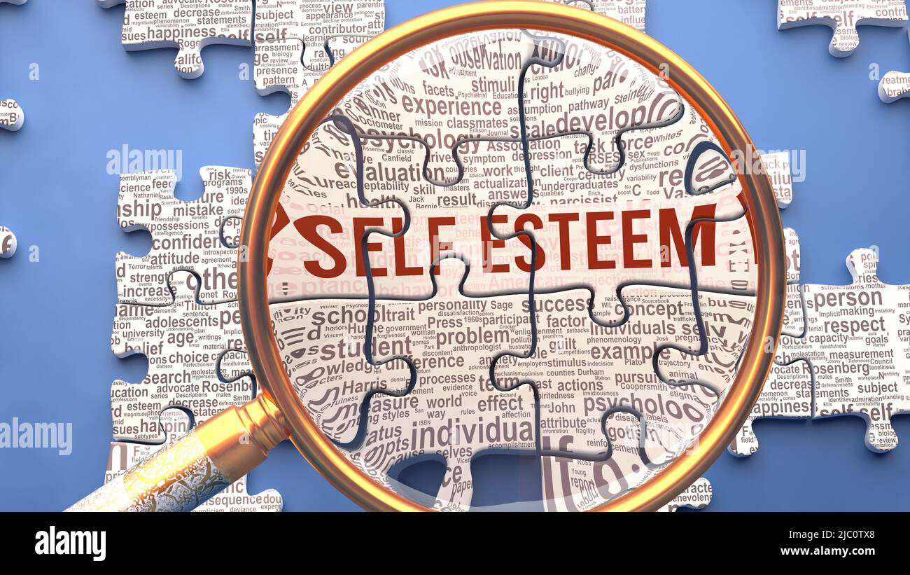 Self esteem as a complex and multipart topic under close inspection. Complexity shown as matching puzzle pieces defining dozens of vital ideas and con Stock Photo