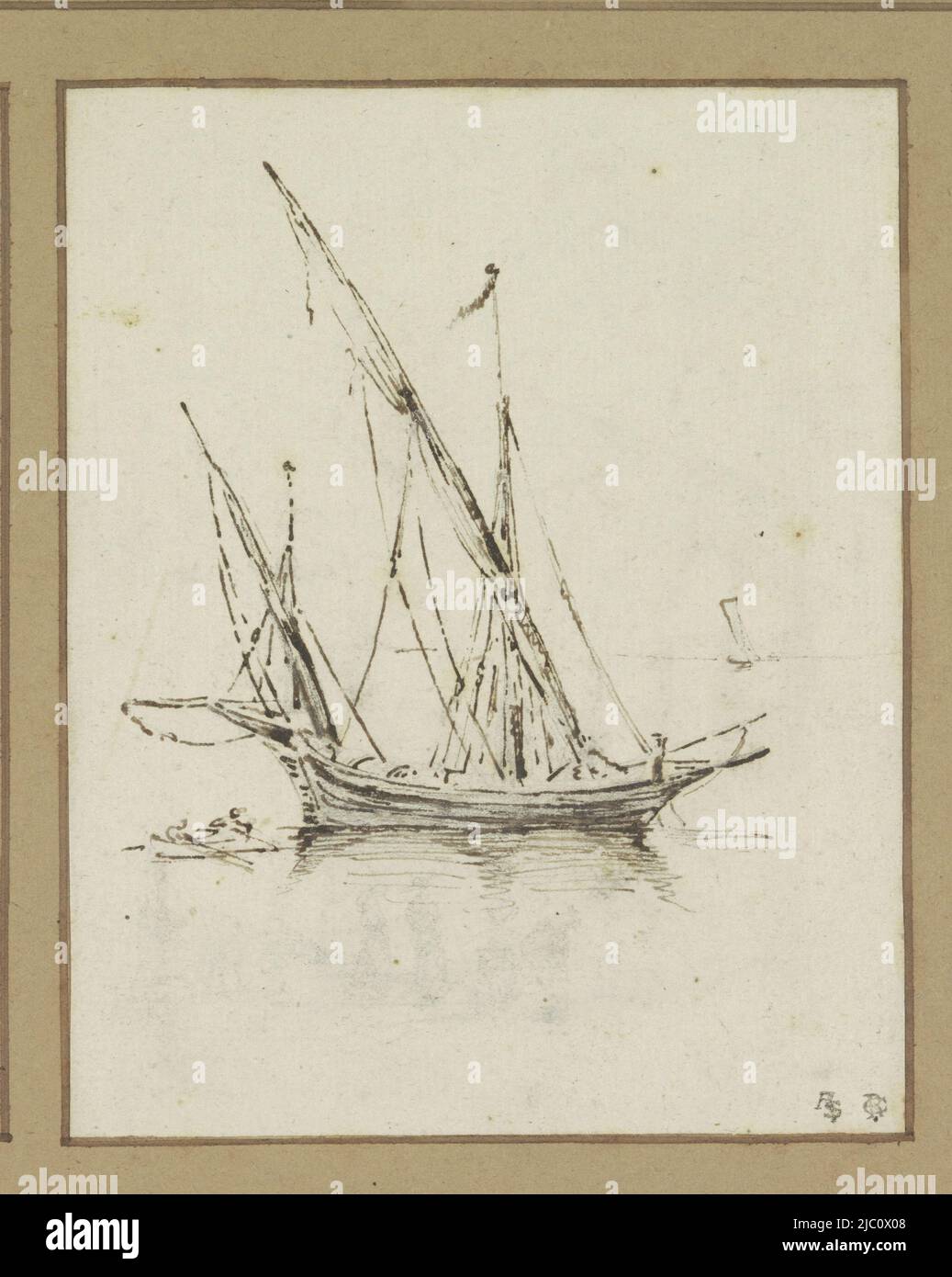 Ship with two masts, draughtsman: Luca Carlevarijs, (possibly), 1675 - 1731, paper, pen, h 146 mm × w 116 mm Stock Photo