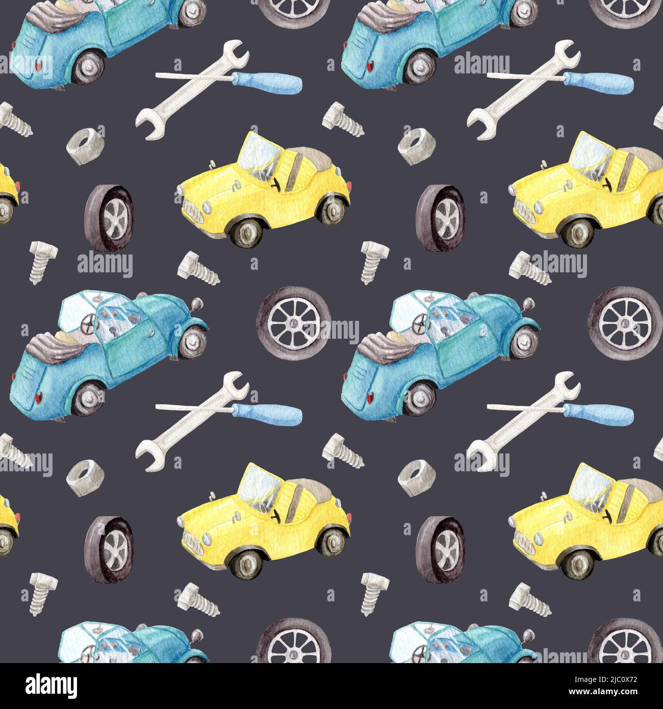 Watercolor retro cars. Seamless childrens pattern with different machines. Hand painted retro car pattern. Retro transport. Machines. Stock Photo