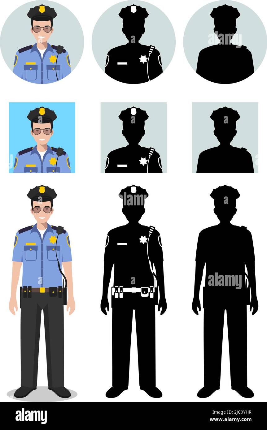Police people concept. Detailed illustration and silhouettes and silhouettes of officer, policeman and sheriff in flat style on white background. Diff Stock Vector