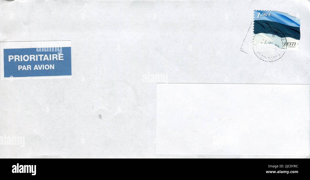 Old envelope which was dispatched from Estonia to Gomel, Belarus, circa 2022. Stock Photo