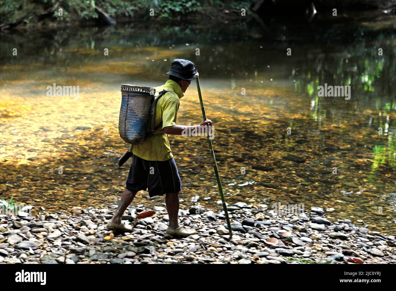 A senior man walking on a creek during a community assignment to clean water source and water installation that lies deep in the forest. The installation supplies freshwater to the Dayak Iban community living at the longhouse in Sungai Utik, Batu Lintang, Embaloh Hulu, Kapuas Hulu, West Kalimantan, Indonesia. Stock Photo