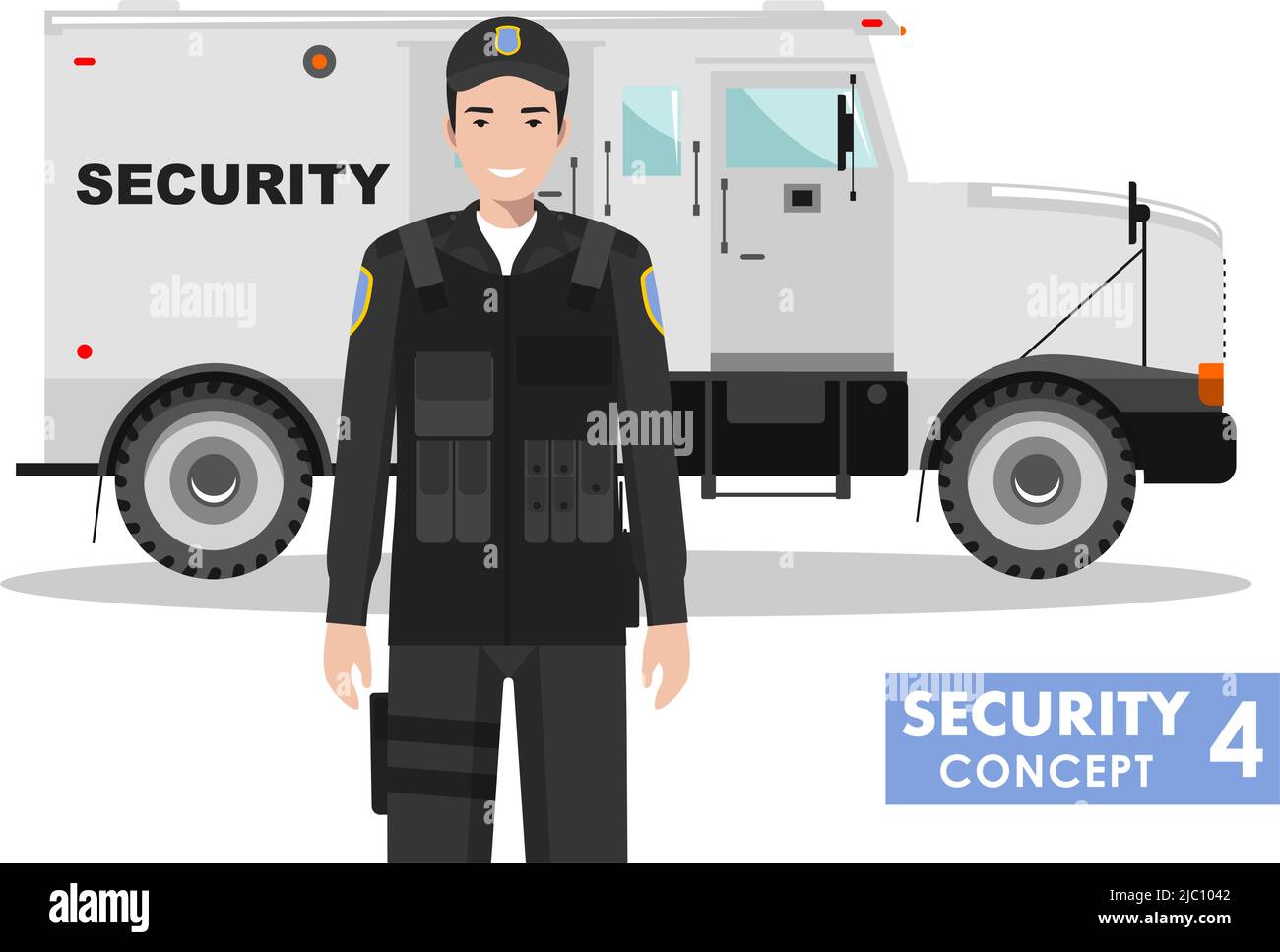 Detailed illustration of armored security car and security guard on white background in flat style. Stock Vector