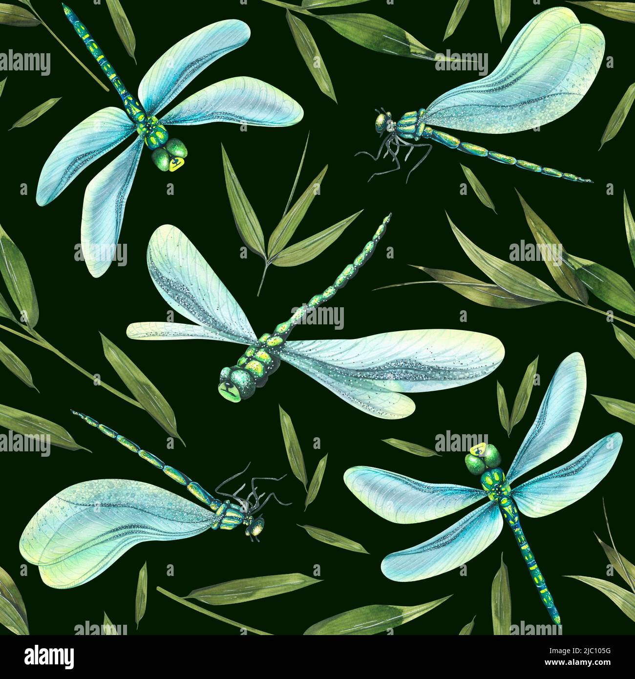 Dragonflies with green bamboo leaves. Summer, bright on a dark ...