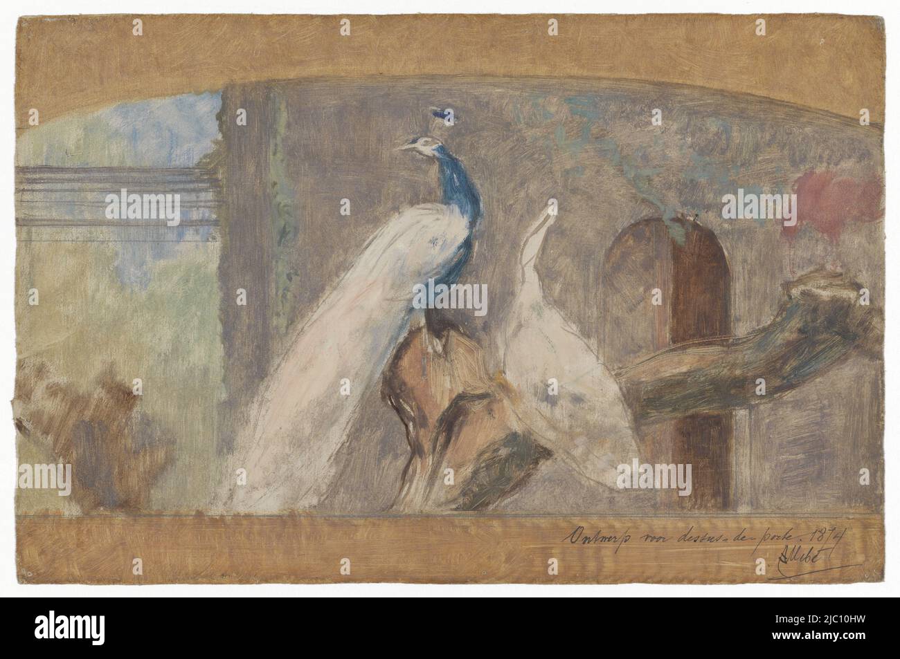 Design for a painting, Design for a dessus-de-porte: branch with peacock and other birds, draughtsman: August Allebé, 1874, linen (material), brush, h 248 mm × w 378 mm Stock Photo