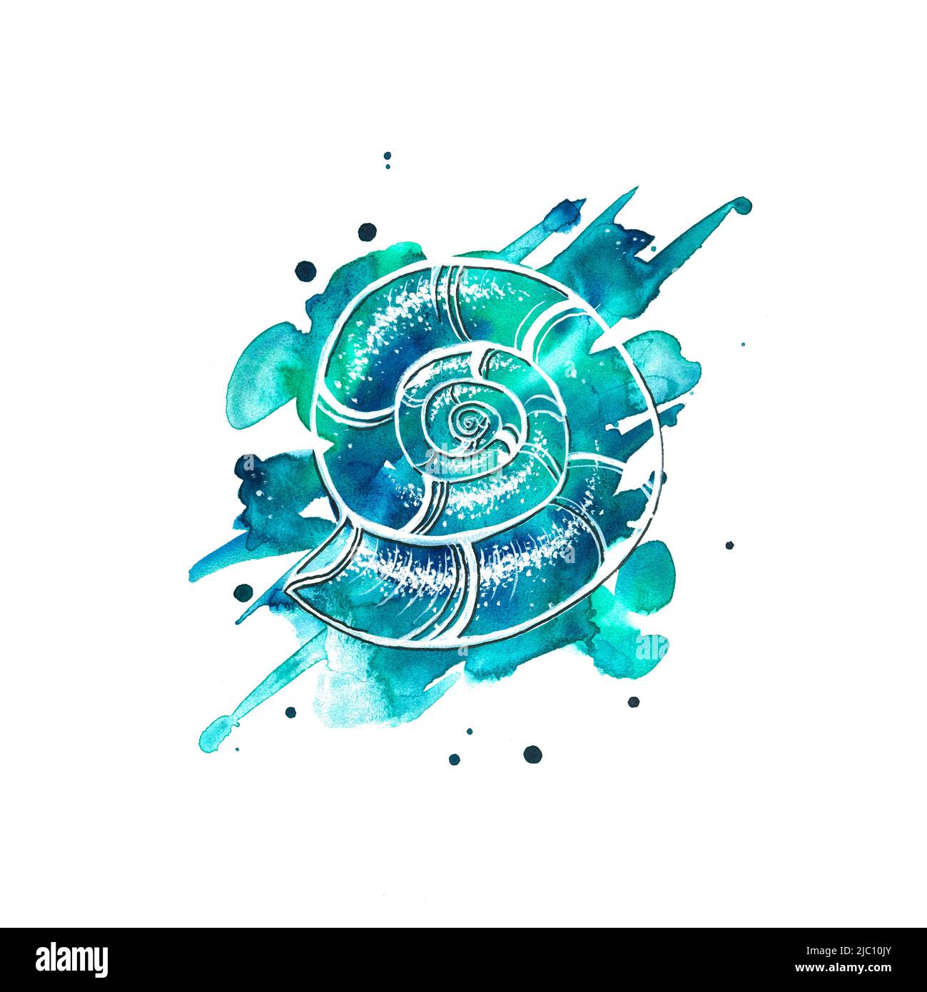 Watercolor illustration with graphics. A hand-drawn blue shell with ...