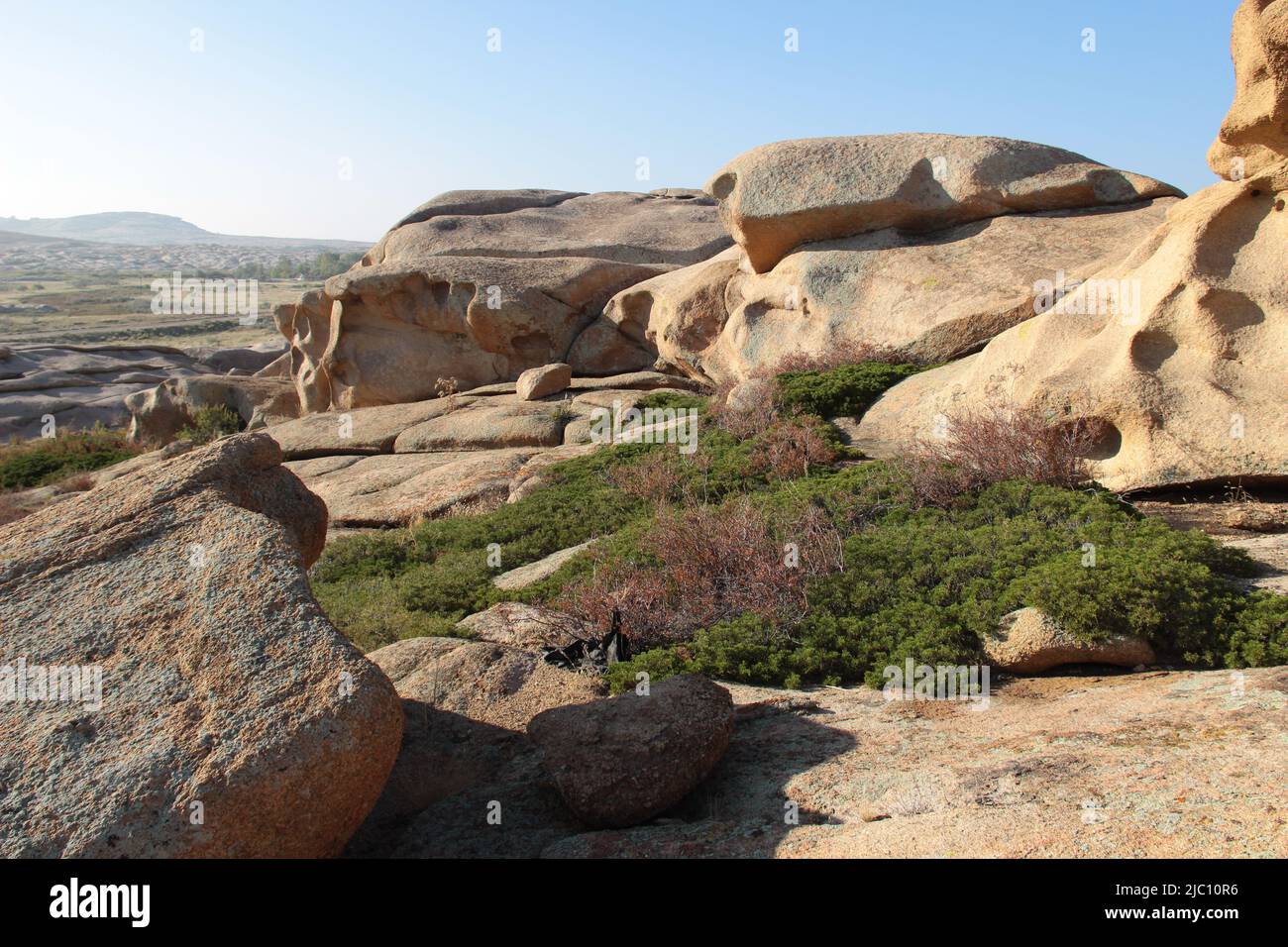 Volcanic layered flat rocks and stones of various shapes with green bushes in the Bektau-Ata tract with a distant view of the mountains in summer Stock Photo