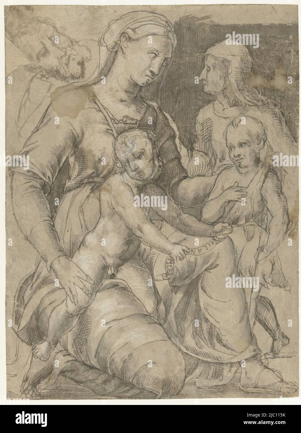 Holy family with John the Baptist and Elizabeth, Lambert Lombard, (possibly), draughtsman: anonymous, 1540 - 1560, paper, pen, brush, h 280 mm × w 208 mm Stock Photo