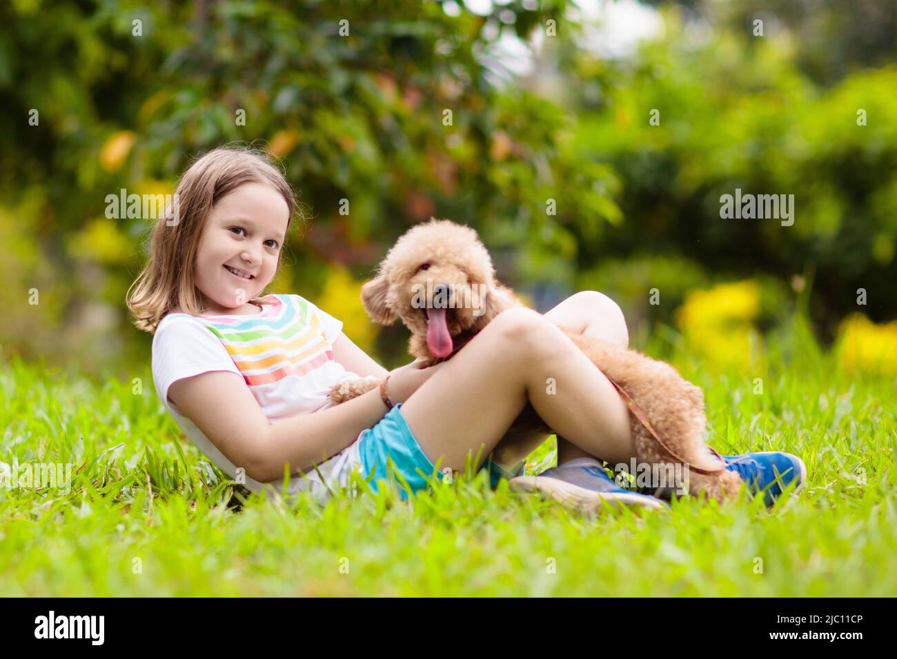 Kids play with cute little puppy. Children and baby dogs playing in sunny summer garden. Little girl holding puppies. Child with pet dog. Stock Photo