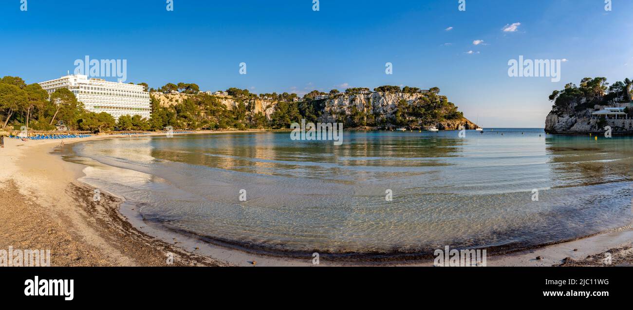 View of hotels overlooking Platja de Cala Galdana in Cala Galdana, Cala Galdana, Menorca, Balearic Islands, Spain, Europe Stock Photo