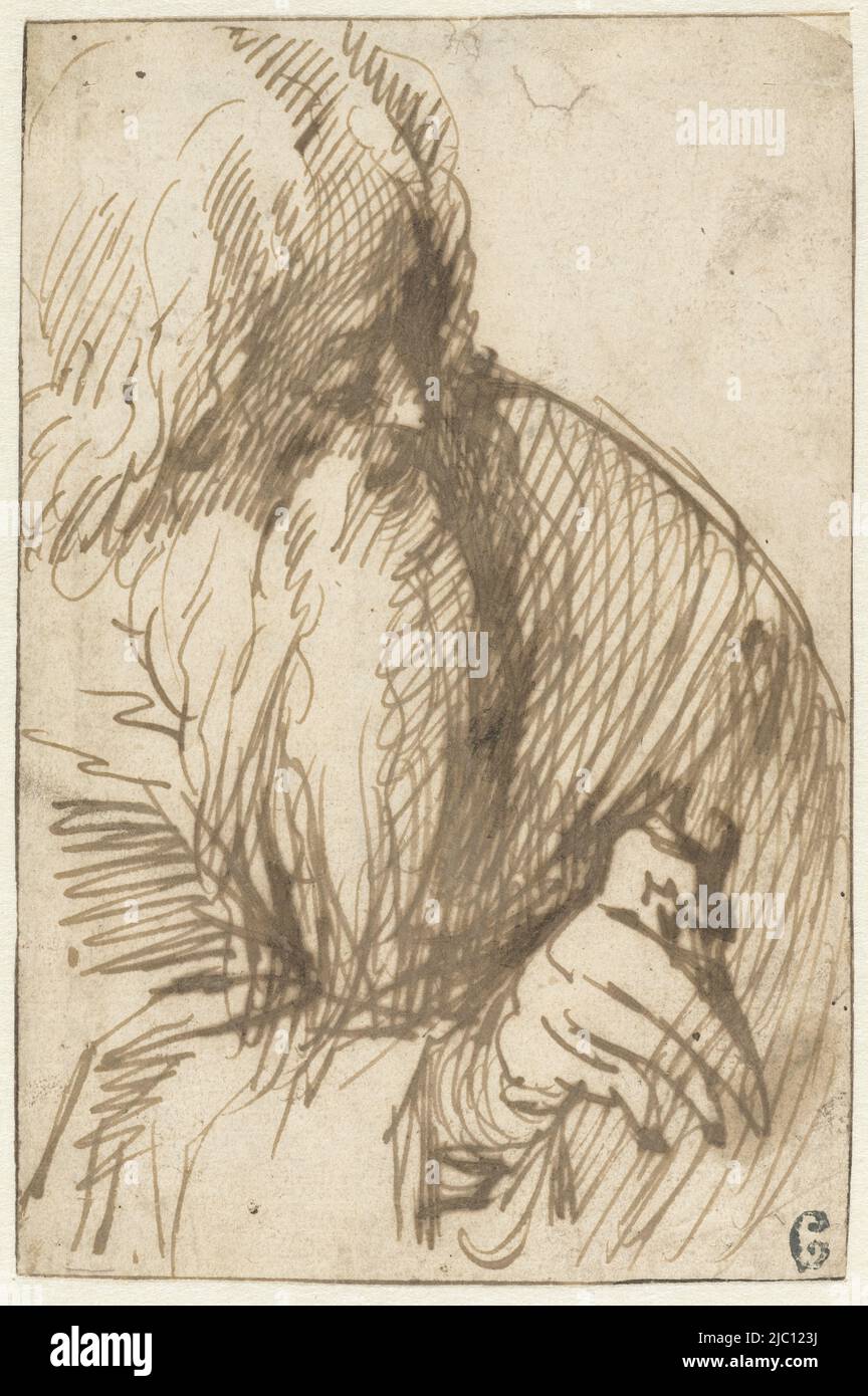 Grayscale with half hand raised, Grayscale with half hand raised, draughtsman: Hendrick Goudt, c. 1580 - c. 1648, paper, pen, h 160 mm × w 105 mm Stock Photo
