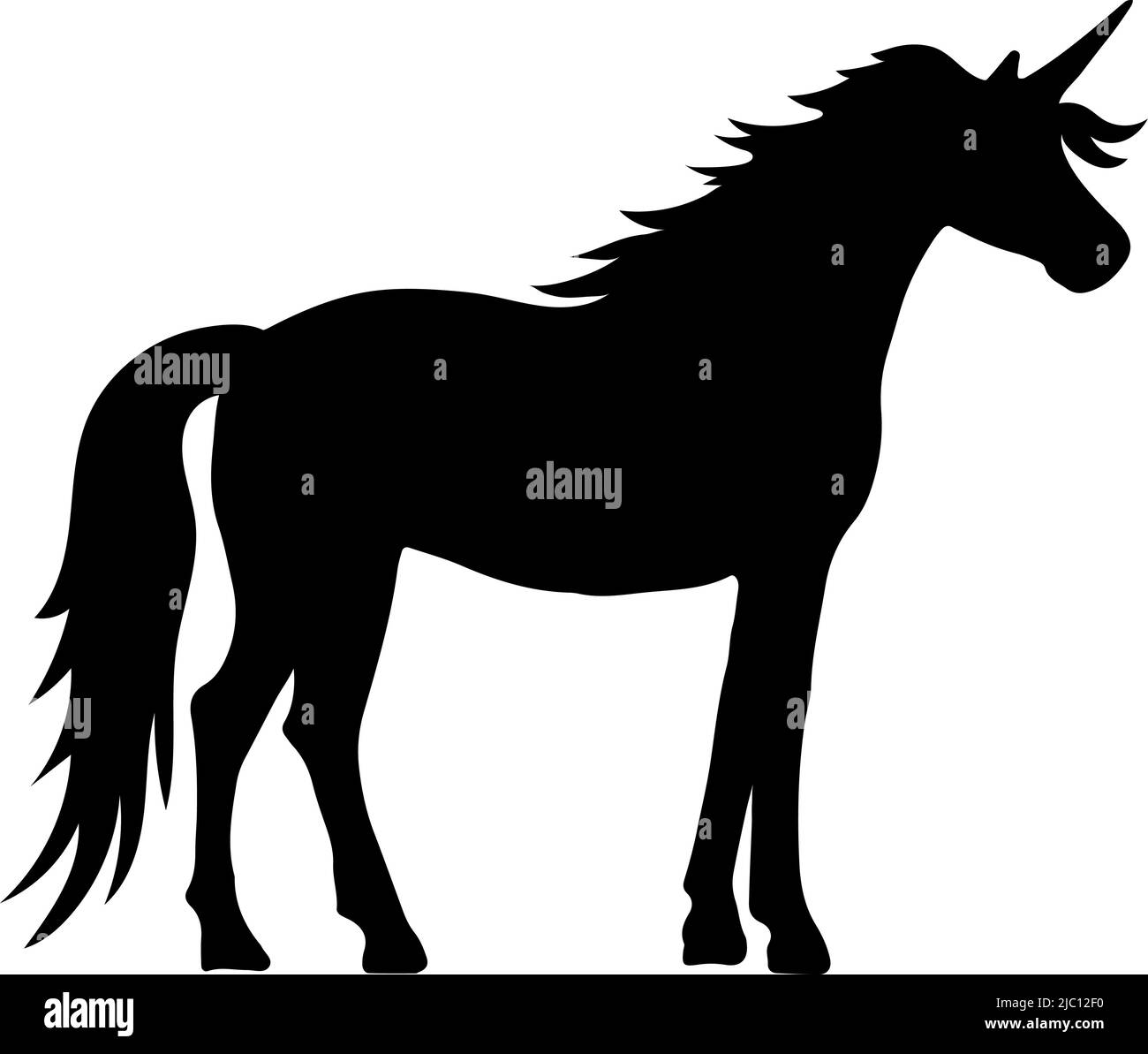 Fantasy horse creature standing. Black unicorn silhouette Stock Vector