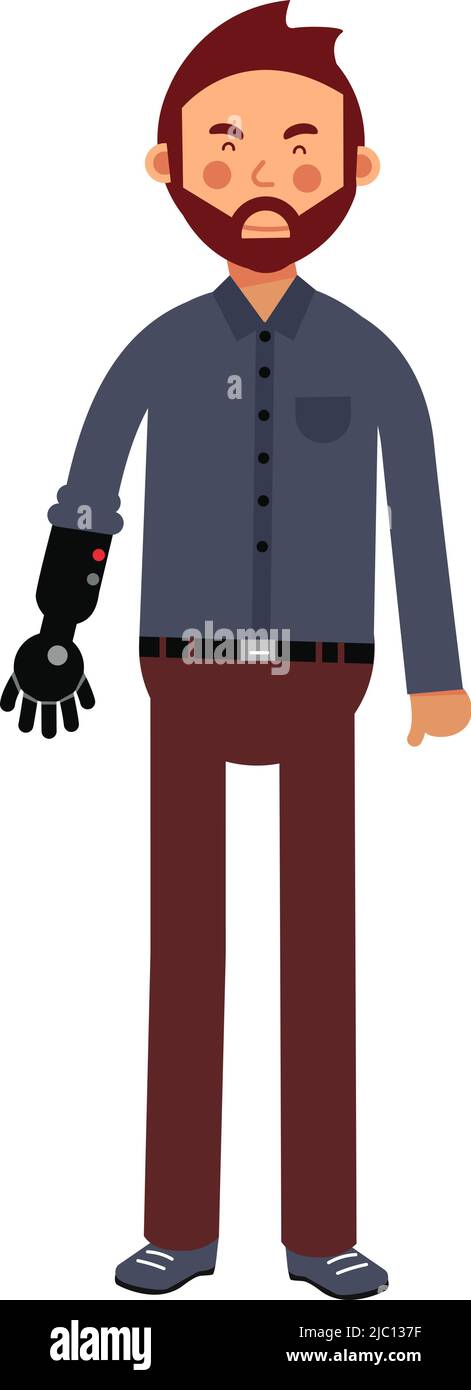 Man with artificial arm. Human limb prothesis. Handicapped person Stock Vector