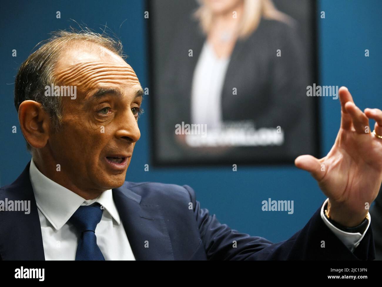 Eric Zemmour is interviewed by Apolline de Malherbe on RMC/BFMTV in Paris, France on June 9