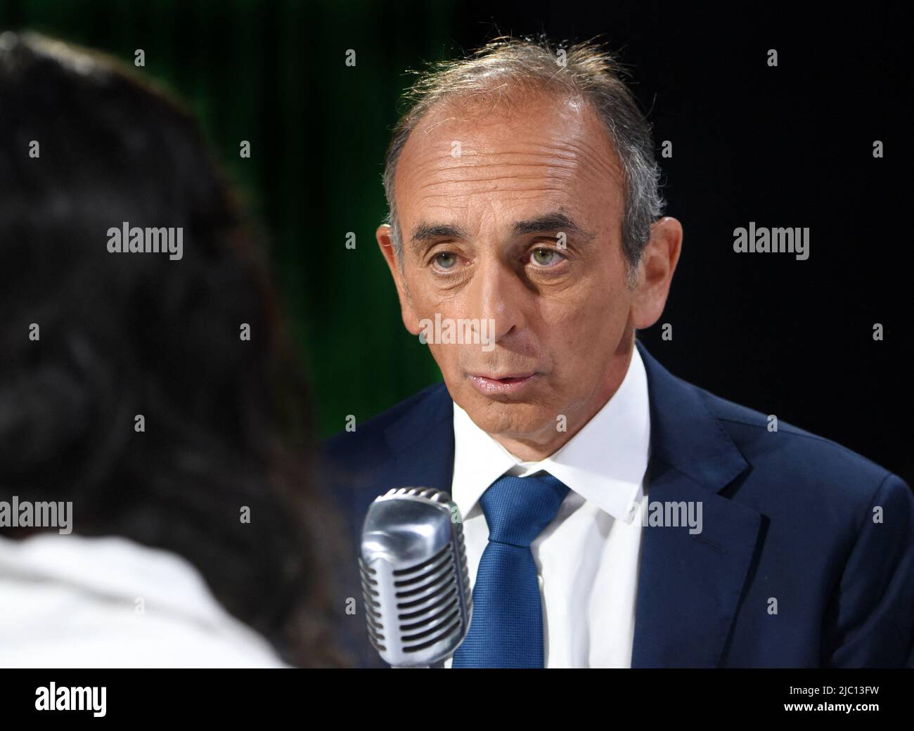 Eric Zemmour is interviewed by Apolline de Malherbe on RMC/BFMTV in Paris, France on June 9