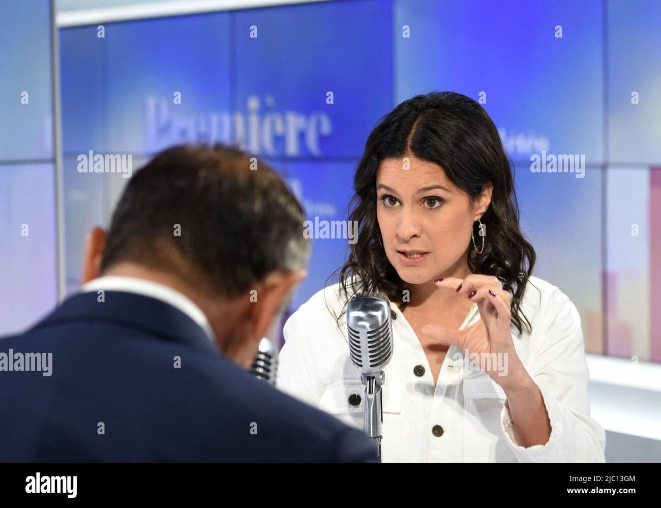 Eric Zemmour is interviewed by Apolline de Malherbe on RMC/BFMTV in Paris, France on June 9